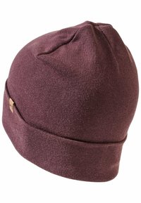 Knit beanie in deep maroon, featuring a folded cuff, smooth texture, and subtle stitched details. Small logo accent on the cuff.