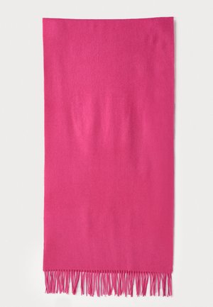 Fuksia vaaleanpunainen huivi, joka on valmistettu pehmeästä kankaasta. Huivissa on sileä pinta ja tupsutetuilla reunoilla lisäyksityiskohtia. Suorakulmainen muoto, kevyt rakenne.