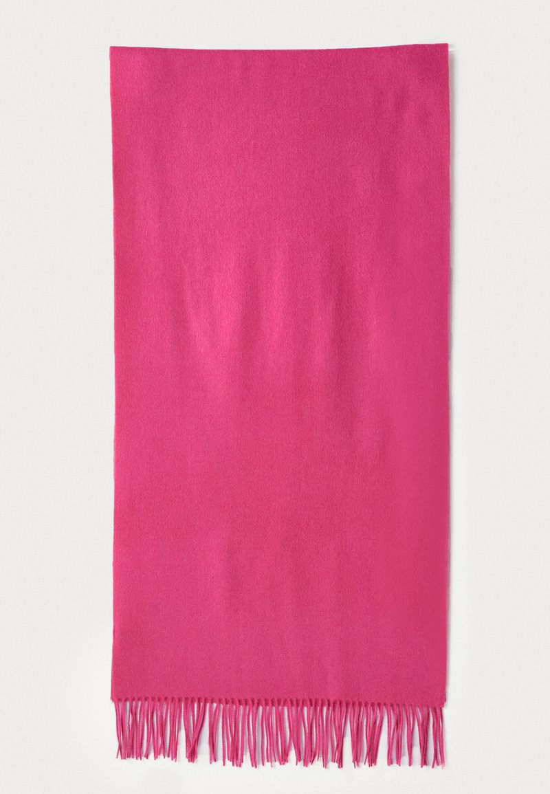 Fuchsia pink scarf made of soft fabric, featuring a smooth texture and fringed edges for added detail. Rectangular shape, lightweight design.