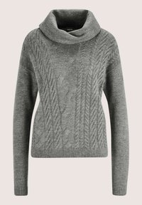 Grauer Kabelstrickpullover mit langen Ärmeln und weitem Schalkragen, ausgestattet mit einem gerippten Saum und Bündchen.