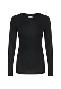 Maglietta nera a maniche lunghe realizzata in materiale leggero e trasparente. Presenta un collo tondo e una silhouette aderente con orlo dritto.