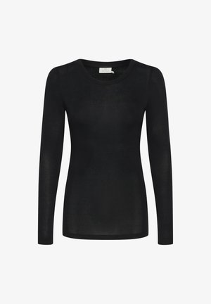 Schwarzes langärmeliges Oberteil aus leichtem, transparentem Material. Verfügt über einen runden Halsausschnitt und eine figurbetonte Silhouette mit geradem Saum.