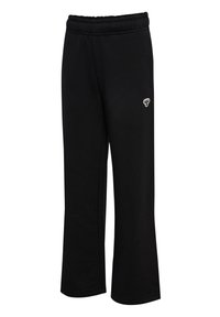 Schwarze Sporthosen mit elastischem Bund, schmal zulaufenden Beinen und einem kleinen Logo auf der linken Hüfte, aus weichem Material gefertigt.