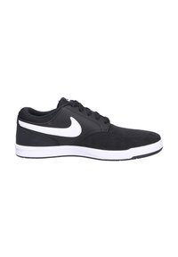 Black athletic shoe featuring a smooth upper with suede accents, white swoosh logo, black laces, and a white rubber sole.