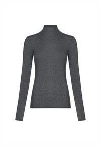 Donkergrijze long-sleeve top gemaakt van een gladde, rekbare stof. Heeft een hoge hals en een aansluitende silhouet zonder duidelijke patronen of accenten.