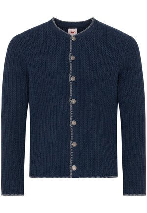 Cardigan en maille côtelée marine avec un col rond, des boutons en métal argenté et des coutures contrastantes le long des bords. Manches longues, texture douce.