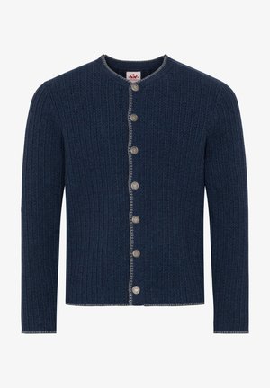 Navyblauer gerippter Strickcardigan mit rundem Kragen, silbernen Knöpfen und kontrastierenden Nähten entlang der Kanten. Lange Ärmel, weicher Stoff.