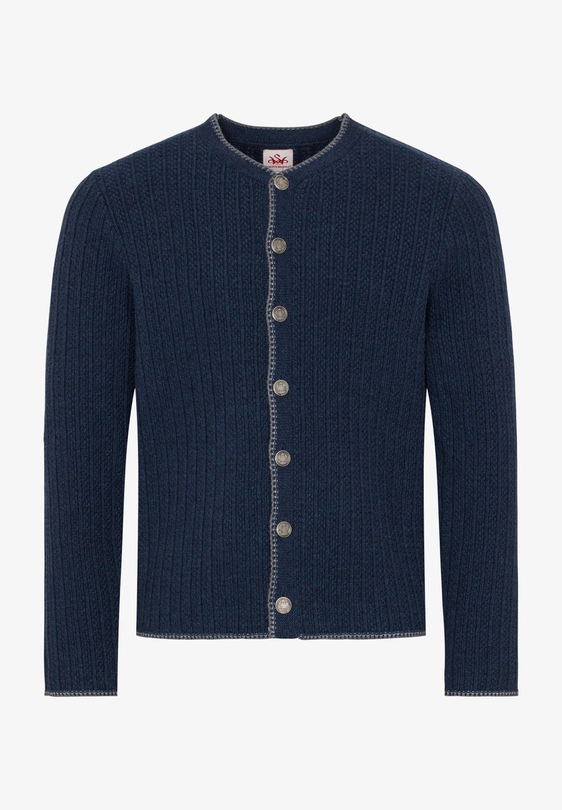 Navyblauer gerippter Strickcardigan mit rundem Kragen, silbernen Knöpfen und kontrastierenden Nähten entlang der Kanten. Lange Ärmel, weicher Stoff.