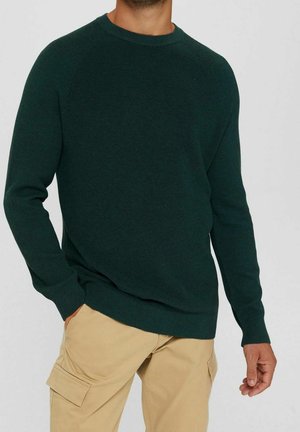 Mand iført en mørkegrøn strikket trøje med lange ærmer og beige cargobukser med den ene hånd i lommen mod en ensfarvet baggrund.