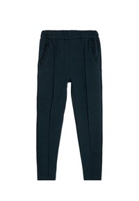 Ciemnoniebieskie legginsy dla dziewczynek z elastycznym paskiem w talii, pionowymi szwami z przodu i falbankami na bocznych kieszeniach.