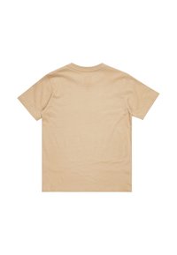 Beige bomullströja med kort ärm, rund halsringning och en mjuk textur. Enfärgad design utan synliga tryck eller logotyper på baksidan.