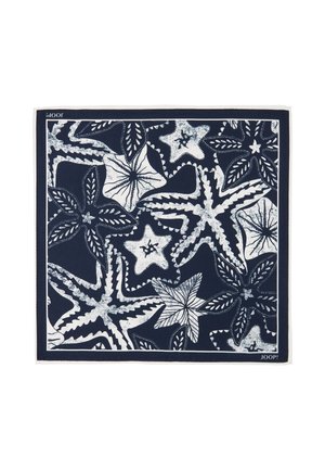 Quadratischer marineblauer Schal mit weißen Seesternmustern und kontrastierender Umrandung, mit dem "JOOP!" Logo in einer Ecke.