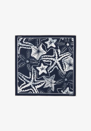 Quadratischer marineblauer Schal mit weißen Seesternmustern und kontrastierender Umrandung, mit dem "JOOP!" Logo in einer Ecke.