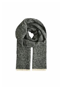 Woven scarf in dark gray with a herringbone pattern, featuring fringed ends for texture. Crafted from soft, warm material.