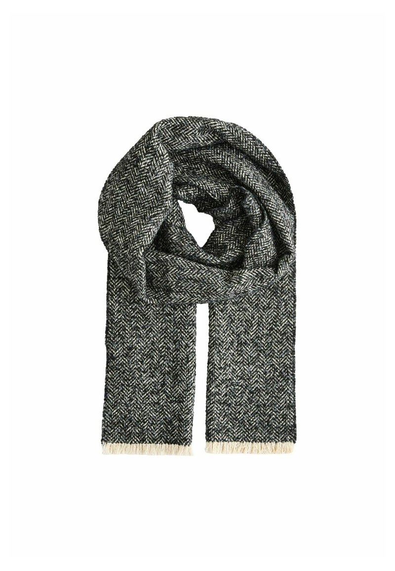Woven scarf in dark gray with a herringbone pattern, featuring fringed ends for texture. Crafted from soft, warm material.