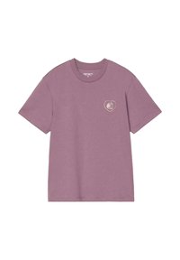 Camiseta de algodón lilas con cuello redondo, mangas cortas y un pequeño diseño gráfico de un corazón blanco en el área del pecho izquierdo.
