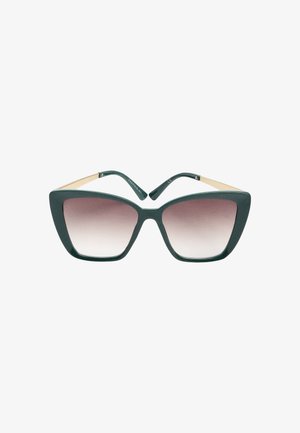 Przeskalowane okulary przeciwsłoneczne cat-eye z ciemnozielonymi oprawkami i brązowymi soczewkami z gradientem, błyszczącym wykończeniem i złotymi zausznikami.