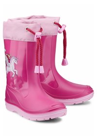 Roze rubberen regenlaarzen met een glanzende afwerking, voorzien van een eenhoornontwerp, een gebreide roze trekkoordmanchet en een witte binnenzool.