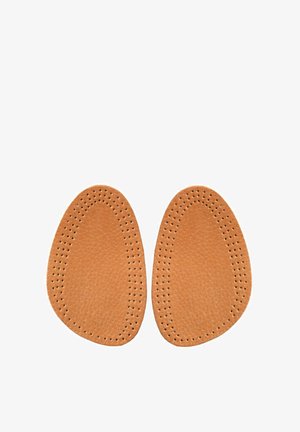 Lederen inlegzolen in een lichtbruine kleur, met een ovale vorm en perforatiepatronen voor ademend vermogen en comfort.