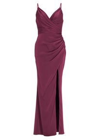 Bordeaux aftenkjole i glat stof. Har en V-udskæring, draperet overdel, sideslids og justerbare tynde stropper. Figursyet silhuet.