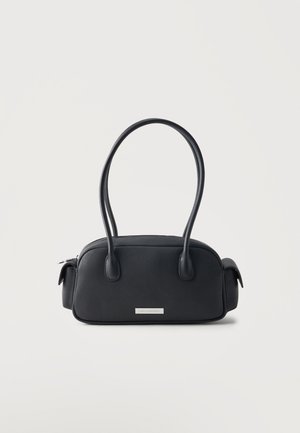 Black leather handbag with double handles, rectangular shape, and small side pockets against a plain light background.