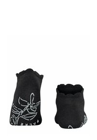 Zwarte enkelsokken met een geribbeld patroon, gekartelde bovenrand en wit bloemenontwerp aan één zijde. Zacht, rekbaar materiaal.