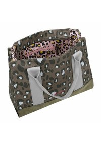 Canvas-Tragetasche mit einem braun-grauen Leopardenmuster auf der Außenseite, grauen Stoffgriffen und einem pinken Innenraum, der ein Leopardenmuster und eine Reißverschlusstasche aufweist.