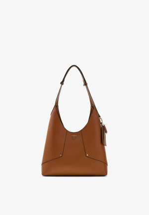 Borsa a tracolla in pelle marrone con logo triangolare, tracolla singola e piccola pochette attaccata di lato.