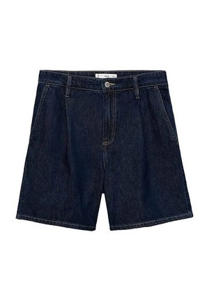 Dunkelblaue Denim-Shorts mit hoher Taille, ausgestattet mit zwei seitlichen Taschen und einem Knopfverschluss vorne. Glatte Textur und lässiges Design.