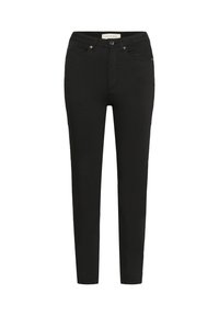 Jean skinny noir avec une texture lisse, design à cinq poches, bouton métallique et fermeture éclair. Taille mi-haute.