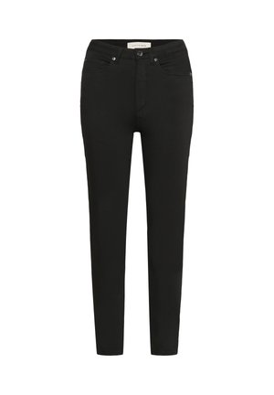 Černé skinny džíny hladké textury, s pěti kapsami, kovovým knoflíkem a zipovým zapínáním. Středně vysoký pas.