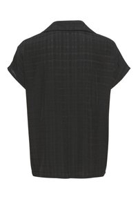 Chemise noire à manches courtes avec un motif à carreaux subtil et un petit col, vue de dos sur fond blanc.