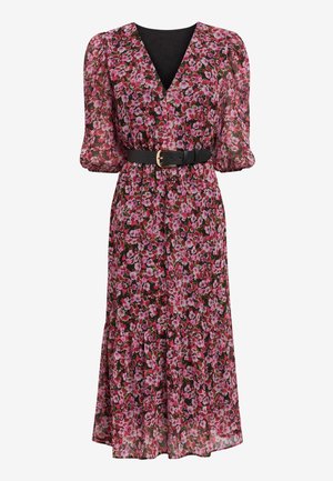 Midi floral dress with pink and red flowers, V-neck, puff sleeves, black belt with gold buckle, and ruffled hem.