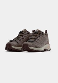 Παπούτσια πεζοπορίας με κορδόνια, διαθέτοντας άνω μέρος από διαπνέον καφέ δίχτυ, ενισχυμένη μύτη, υφή στη μέση σόλα και σκούρα ελαστική εξωτερική σόλα.