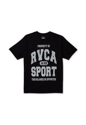 T-shirt noir à manches courtes avec texte gris : "PROPERTY OF RVCA SPORT 01/XX THE BALANCE OF OPPOSITES" au centre devant.