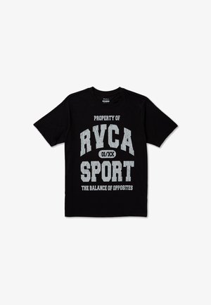 Zwart T-shirt met korte mouwen en grijze tekst: "PROPERTY OF RVCA SPORT 01/XX THE BALANCE OF OPPOSITES" op het midden aan de voorkant.