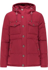 Rød puffeblazer med hætte, der har to frontlomme med klap, sølv trykknapper og snore til justerbar pasform. Glat tekstur.