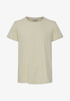 Lichtbeige t-shirt met korte mouwen, gemaakt van zachte stof, met een ronde hals, een gladde textuur en een subtiel gemêleerd patroon.