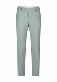 Hellegrüne, maßgeschneiderte Hose aus strukturiertem Stoff, mit flacher Vorderseite, Reißverschluss und einem einzelnen Knopfverschluss an der Taille.