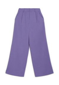 Weite Hosen aus einfarbigem Lavendelstoff. Merkmale sind Falten an der Taille, eine hoch sitzende Passform und Seitentaschen. Glatte Textur und maßgeschneidertes Design.