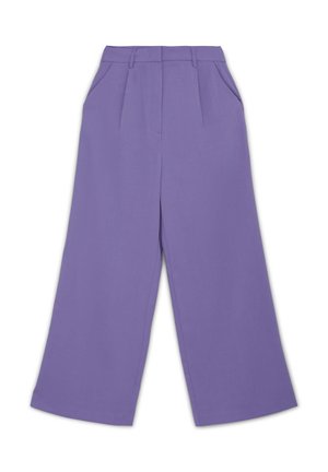 Wide-leg trousers in solid lavender fabric. Features pleats at the waist, a high-rise fit, and side pockets. Smooth texture and tailored design.