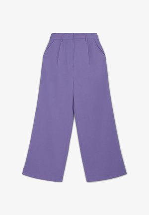 Weite Hosen aus einfarbigem Lavendelstoff. Merkmale sind Falten an der Taille, eine hoch sitzende Passform und Seitentaschen. Glatte Textur und maßgeschneidertes Design.