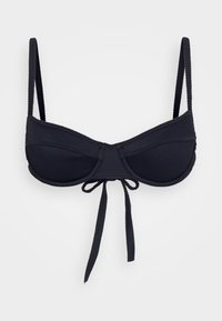 Črn bikini zgornji del z žičnato podporo, nastavljivimi naramnicami in detajlom s središnjim vezanjem za prilagojen fit. Ima gladko teksturo.