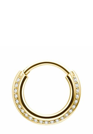 Gold hoop earring with a row of small clear gemstones embedded along the outer edge on a white background.