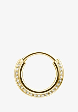 Gold hoop earring with a row of small clear gemstones embedded along the outer edge on a white background.