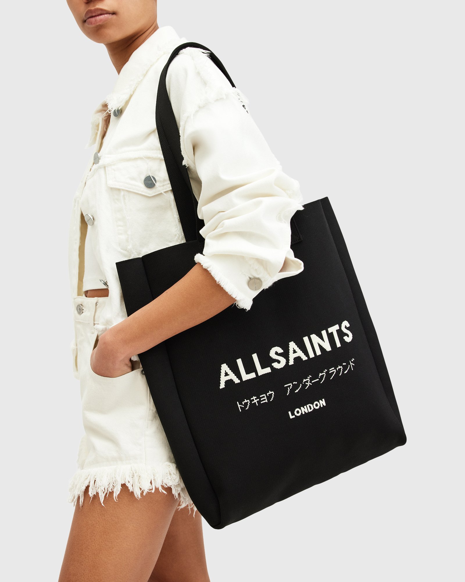 AllSaints Women's Izzy E/W Tote - Knitted Recycled Fabric Bag With Dual Straps