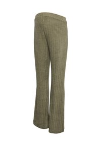 Χακί ριμπ πλεκτό παντελόνι με φαρδιά καμπάνα στα πόδια και ελαστική μέση, με υφασμάτινη υφή και κάθετες ρίγες.