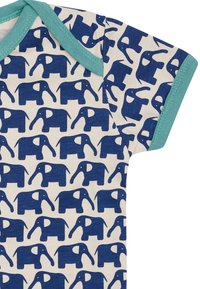 Kurzarm-Einteiler mit einem cremefarbenen Hintergrund, auf dem ein wiederholtes Muster von marineblauen Elefanten und türkisfarbenem Abschluss am Ausschnitt zu sehen ist.