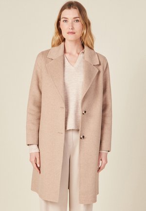 Manteau en laine beige avec un col châle et deux boutons, porté sur un léger pull, avec des manches longues et une coupe droite.