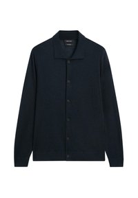 Marinblå cardigan i mjukt tyg, med klassisk krage, knappframside, långa ärmar och rak nederkant.